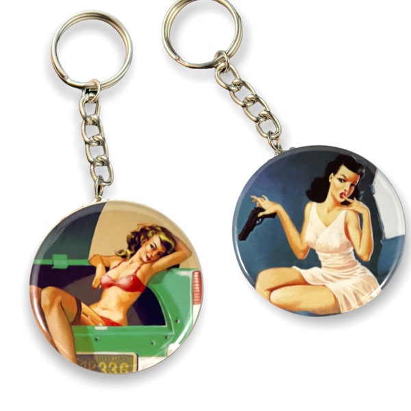 Set of 2 Vintage Pin-up Girls Ladies 2.25-inch Keychains Key Ring Round