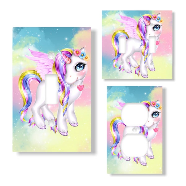 White Unicorn on Cotton Candy Colored Clouds Decorative Light Switch Outlet Wall Plates Cover Switch Plate