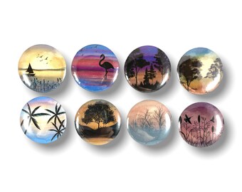 Set of 8 Nature Sunset Sunrise Design Decorative 1 Inch Magnets for Kitchen, Refrigerator, Whiteboard, Office, Locker