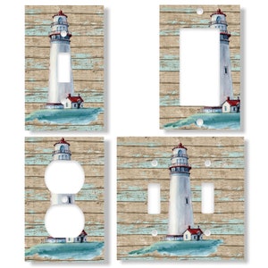 Lighthouse Beach Ocean Shore Sea Wood Theme Design Decorative Light Switch Outlet Rocker GFCI Wall Plate Covers