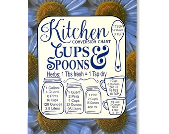 8x10 Inch Magnet Kitchen Measurements Conversion Chart Cups & Spoons Daisy Flowers