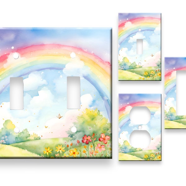 Watercolor Rainbow Scene Single Toggle Light Switch Cover Outlet Rocker GFCI Triple Double Unbreakable Midway Size Decorative Wall Plate