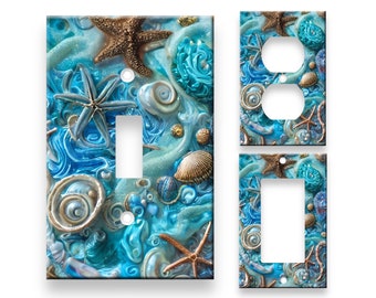 Blue Ocean Beach Starfish Seashell Switch Plate Cover wall plate Unbreakable Midway Size Toggle Light Switch Duplex Outlet Rocker GFCI