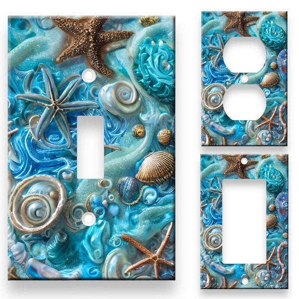 Blue Ocean Beach Starfish Seashell Switch Plate Cover wall plate Unbreakable Midway Size Toggle Light Switch Duplex Outlet Rocker GFCI