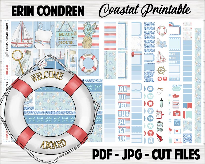 Coastal ERIN CONDREN Vertical Printable Planner Stickers Digital Deluxe