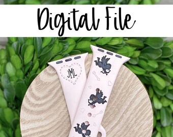 May include: A pink Apple Watch band with a black and white cupid design and the initials "JML" engraved on the other side.