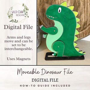 May include: A green and yellow dinosaur toy with movable arms and legs. The dinosaur is standing on a black base. The toy is made of wood and uses magnets to attach the arms and legs. The text "Moveable Dinosaur File" and "DIGITAL FILE" is visible in the image.
