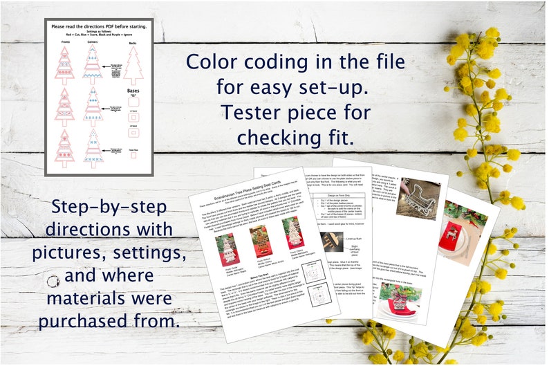 May include: A set of instructions for a Christmas tree craft project. The instructions include color-coded diagrams, step-by-step directions, and pictures of the finished product. The text includes the phrase "Tester piece for checking fit."