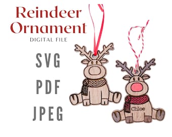 May include: Two wooden reindeer ornaments with red and white striped twine. The reindeer on the right has the name "Chloe" written on its scarf. The text "Reindeer Ornament" is at the top of the image. The text "SVG, PDF, JPEG" is below the ornaments.