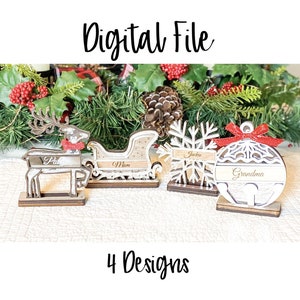 Paquete de archivos digitales de tarjeta de asiento de colección Sleigh, archivo de configuración de lugar, archivo de tarjeta de nombre, configuración de lugar de Navidad, archivo de Navidad, archivo de copo de nieve