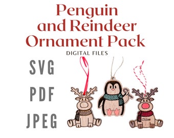 Penguin and Reindeer Ornament Digital File Pack, File for laser cut ornaments, ornament SVG, 2021 Ornament File