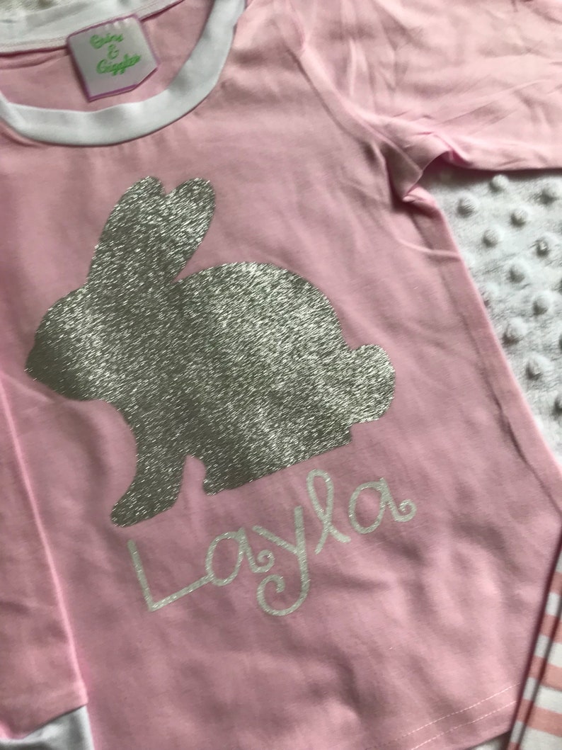 Girls Easter Pajamas Personalized with Glitter Bunny and Name Baby Toddler Youth Pjs Jammies
