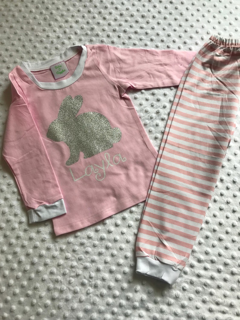 Girls Easter Pajamas Personalized with Glitter Bunny and Name Baby Toddler Youth Pjs Jammies