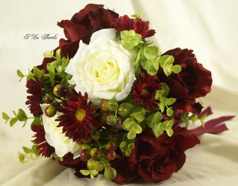 Rose Brides Bouquet Christmas Bridal Bouquet Keepsake Bouquet Burgundy and White Bridal Bouquet