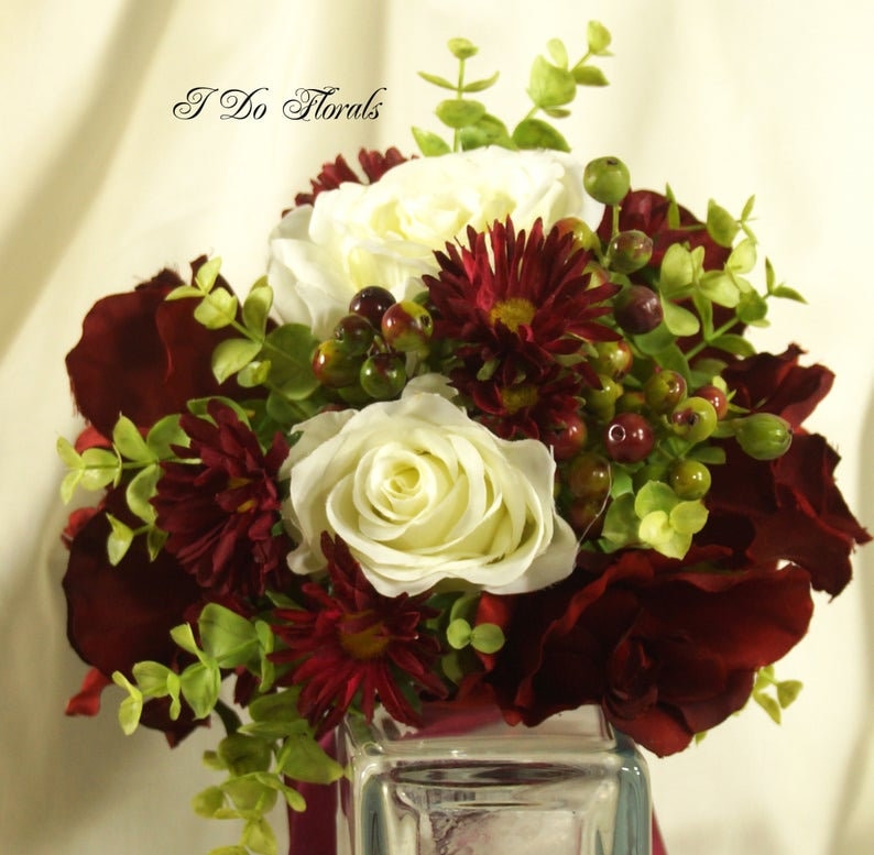 Rose Brides Bouquet Christmas Bridal Bouquet Keepsake Bouquet Burgundy and White Bridal Bouquet