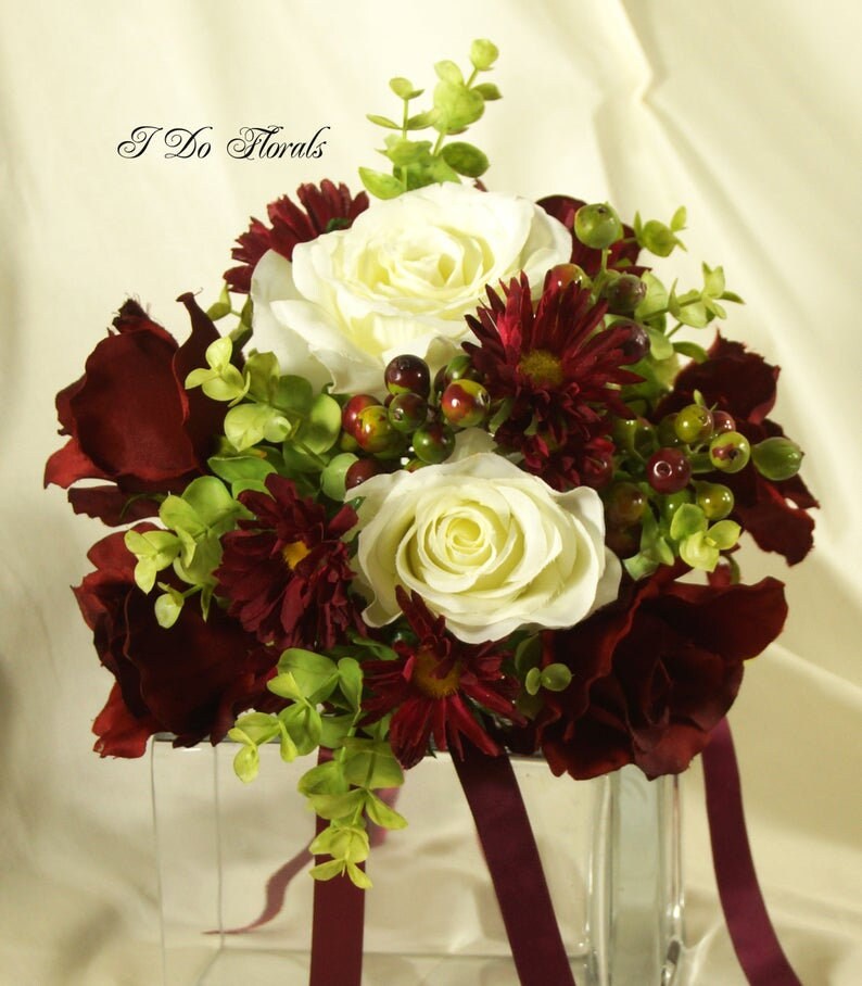 Rose Brides Bouquet Christmas Bridal Bouquet Keepsake Bouquet Burgundy and White Bridal Bouquet