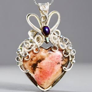 Rhodonite Heart Carving Necklace | Wire-Wrapped Rhodonite Necklace