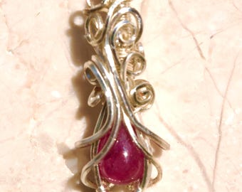 Pink Sapphire Necklace | Wire Wrapped Pink Sapphire Silver Pendant