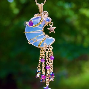 Opalite Crescent Moon with Dangling Stars Necklace | Wire-Wrapped Opalite Moon Pendant