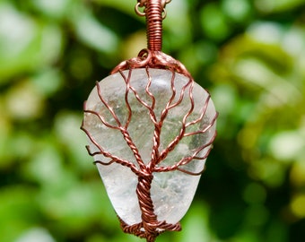 Tree of Life Rock Quartz Heart Wire Wrapped Necklace