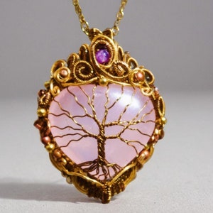 Tree of Life Rose Quartz Heart with Amethyst Beads Wire Wrapped Necklace
