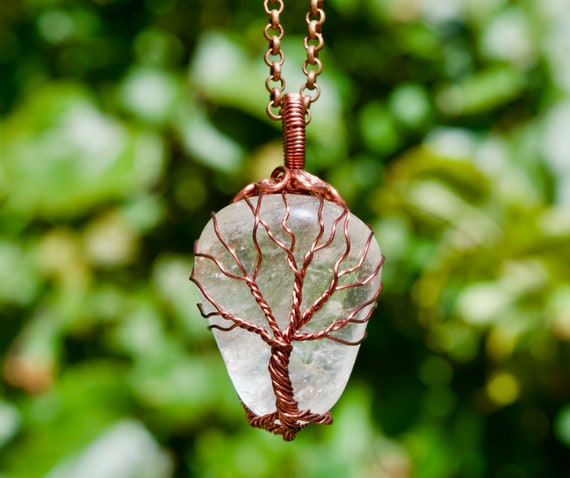 Tree of Life Rock Quartz Heart Wire Wrapped Necklace 