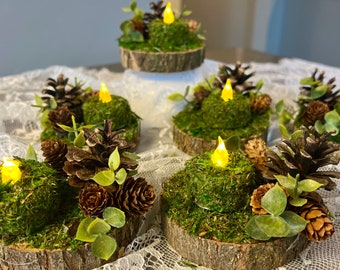 6 piece log and pinecone moss covered tea lights, wedding, fairy, enchanted forest,candle,centerpiece,lord of rings,