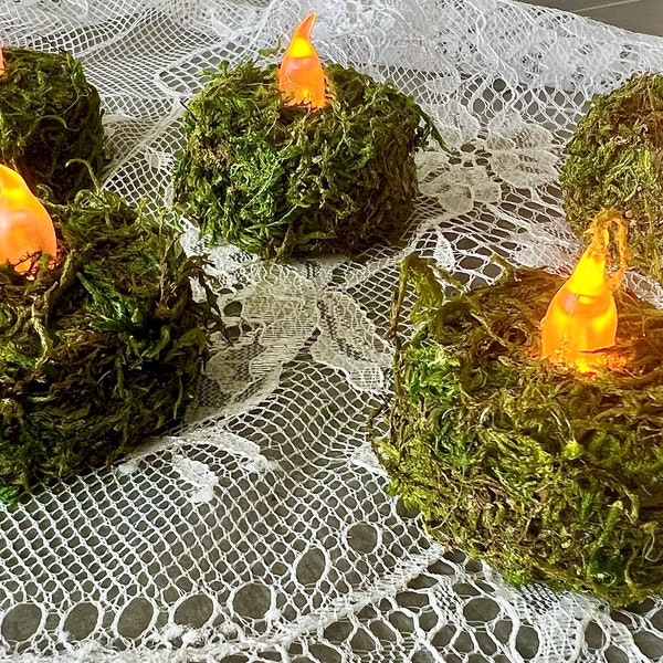 6 piece  moss covered tea lights, wedding, fairy, enchanted forest,candle,centerpiece,lord of rings,