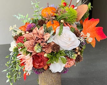 Rustic Fall Floral Log Centerpiece | Autumn Table Décor | Pumpkin Woodland Arrangement