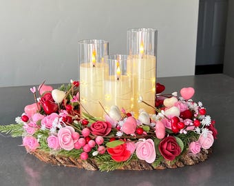 Valentine Floral Lighted Candle Centerpiece | Romantic Table Decor