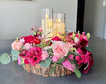 Valentine Floral Lighted Candle Centerpiece | Romantic Table Decor