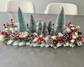 Lighted Holiday Bottle Brush Tree  Centerpiece | Christmas Table Decor | Tree Stump Floral Arrangement 28”