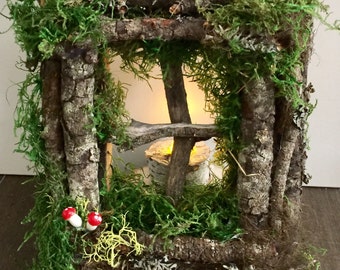Lighted Fairy  Window/ Enchanted Forest/ Fairy Door Reclaimed Wood/weddings/woodland party