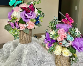 2 piece Butterfly  centerpieces on tree stump, wedding, baby shower, birthday,Butterfly party, fairy/ Alice in wonderland