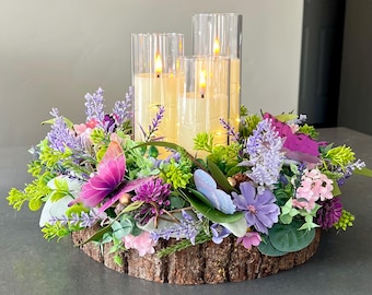 Spring Butterfly  Floral Lighted Candle Centerpiece | Table Decor