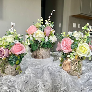 3 piece Floral enchanted centerpieces in tree stump, wedding, baby shower, birthday, enchanted forest, prom, graduation,Alice in wonderland