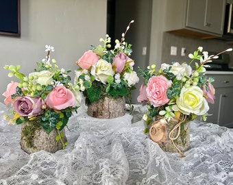 3 piece Floral enchanted centerpieces in tree stump, wedding, baby shower, birthday, enchanted forest, prom, graduation,Alice in wonderland