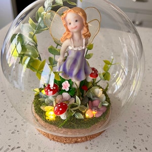 Large Fairy Lighted cloche Terrarium Centerpiece, candle , Enchanted Forest, Tinker-bell,wedding, fairy garden/baby shower,mushroom