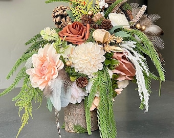 Rustic Fall Floral Centerpiece on Natural Log | Autumn Table Decor | Woodland Thanksgiving Arrangement