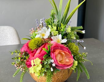 Summer Gourd Floral Centerpiece, Woodland Table Decor, Faux Flower Arrangement, Handmade Rustic Gift
