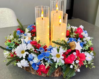 Forth of July Floral Lighted Candle Centerpiece | Table Decor