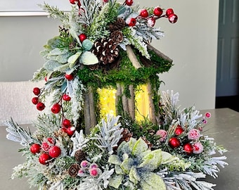 Rustic Lighted Holiday  Centerpiece | Christmas Table Decor | Tree Stump Floral Arrangement
