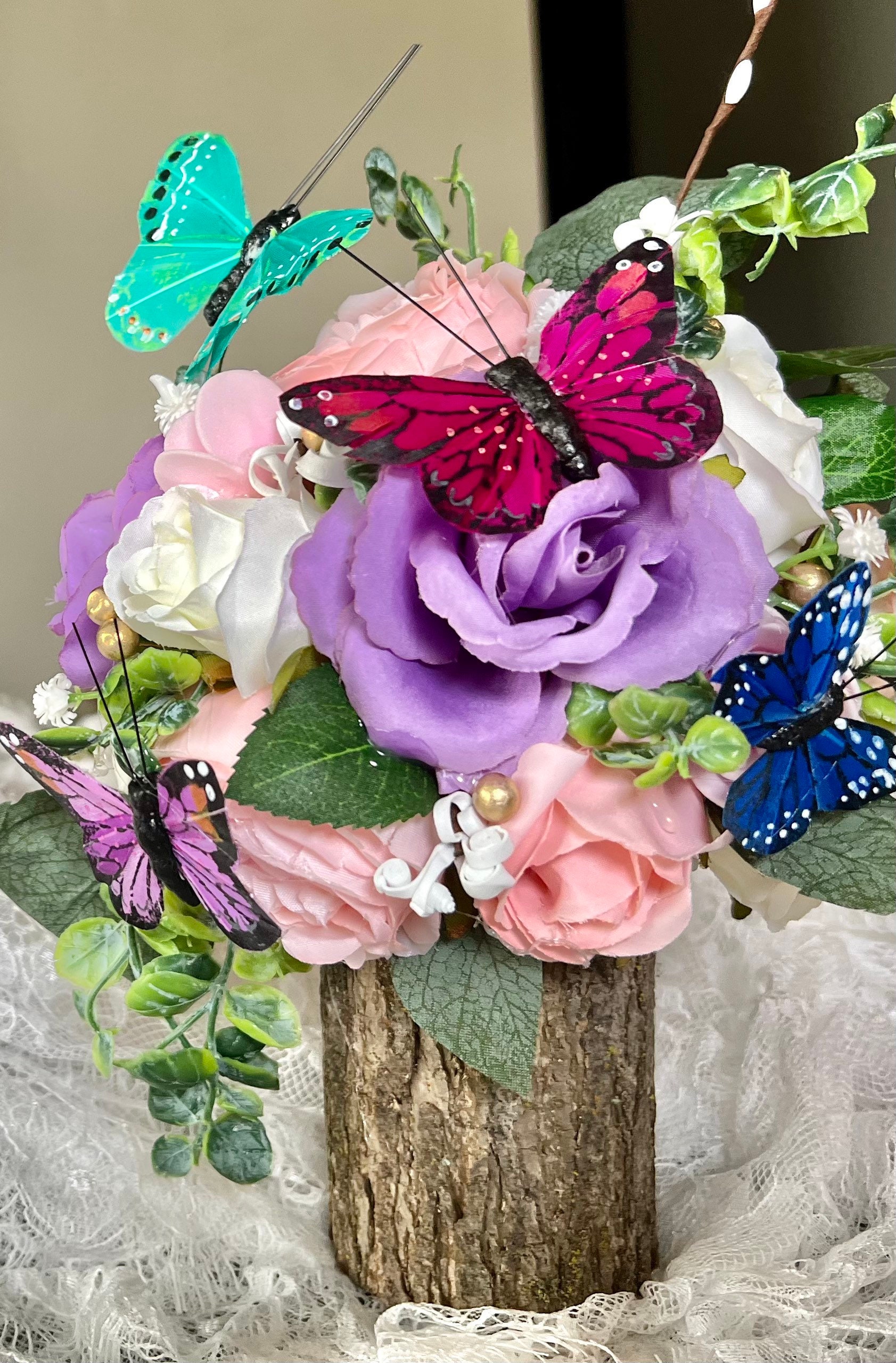 2 Piece Butterfly Centerpieces on Tree Stump, Wedding, Baby Shower