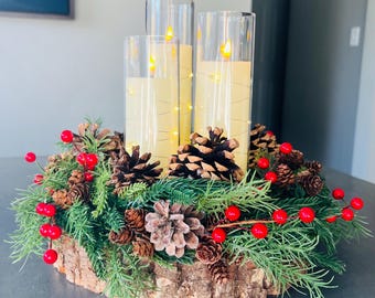 Rustic Lighted Holiday Candle Centerpiece | Christmas Table Decor | Tree Stump Floral Arrangement