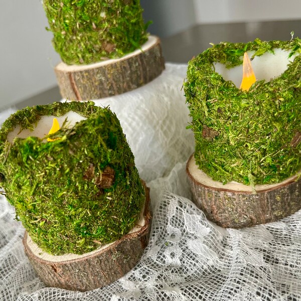 LAST 1!!!! 1- 3”x2.5”” moss candle on tree stump/ enchanted garden wedding/ forest / fairy party/ Elvin/lord of rings/ hobbit/ spring garden