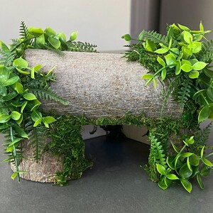 May include: A decorative log-shaped terrarium or habitat, adorned with vibrant green artificial plants and moss. The log has a natural, textured appearance, with openings underneath. Ideal for small pets.
