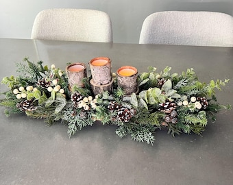 Rustic Lighted Holiday Candle Centerpiece | Christmas Table Decor | Tree Stump Floral Arrangement 30”