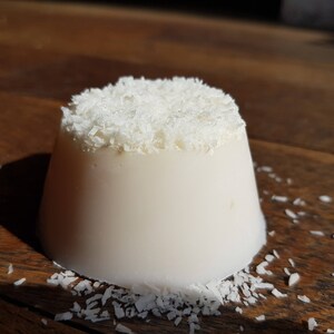May include: A white, dome-shaped dessert, possibly a panna cotta, topped with shredded coconut. The dessert is on a dark wooden surface, with scattered coconut flakes around it.