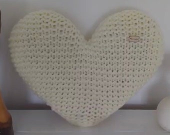 Handmade Hand Knitted Cream Heart Shaped Decorative Cushion Throw Pillow 30 x 30cm | Gift | Homeware | Home Decor | Birthday | Mother's Day