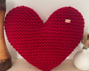 Handmade Hand Knitted Dark Red Heart Shaped Decorative Cushion Throw Pillow 30x30cm | Gift | Homeware | Home Decor | Birthday | Mothers Day